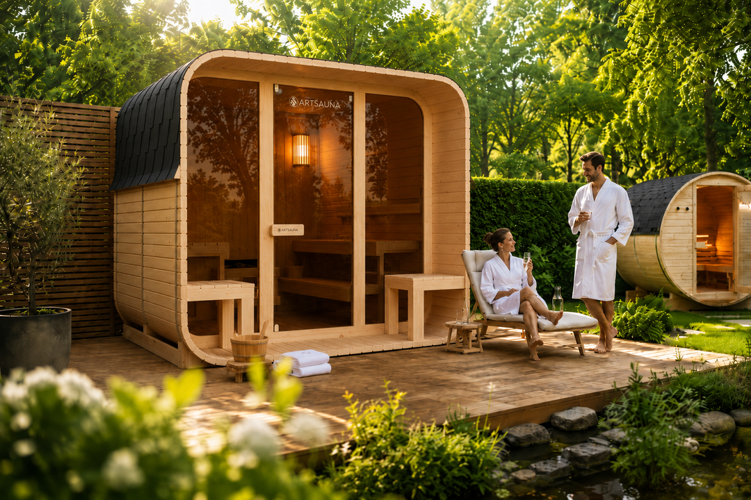Mann & Frau im Garten vor einer Fjora XL von Artsauna