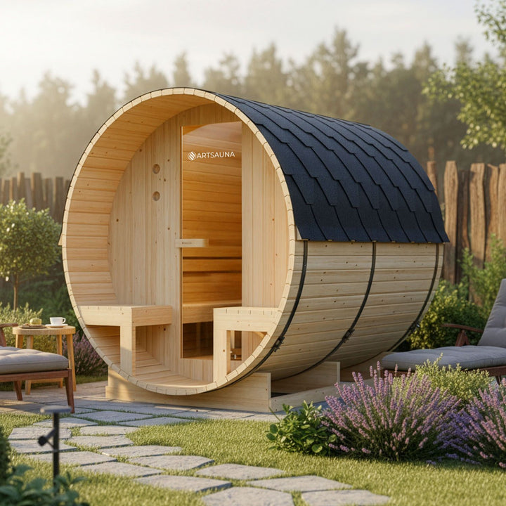 Outdoor Fasssauna Spitzbergen 220 mit zwei Bänken