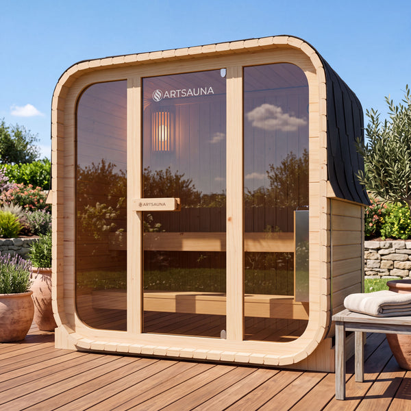 Kubus-Fasssauna aus Holz mit Glasfront auf einer Holzterrasse