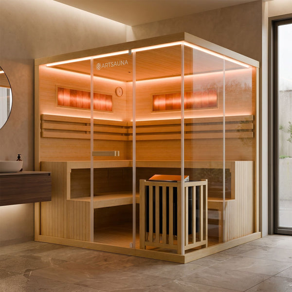 Finnische Innensauna mit Glaswand und Holzbänken