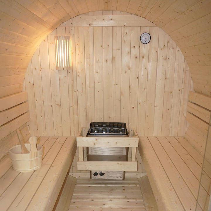 Outdoor Fasssauna Spitzbergen 220 mit zwei Bänken