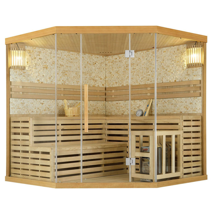 Traditionelle Saunakabine / Finnische Sauna Espoo200 Premium mit Steinwand