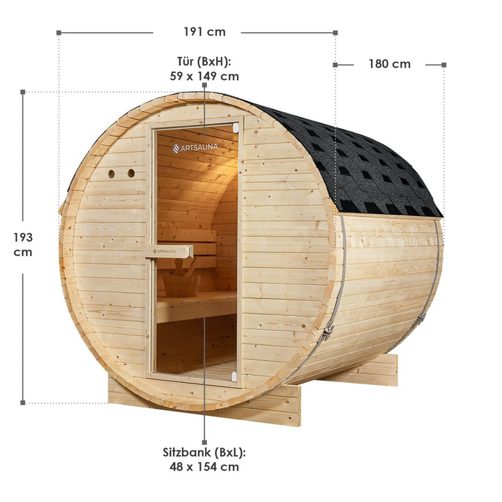 Fasssauna Spitzbergen 180 cm für 4 Personen mit 6 kW Saunaofen