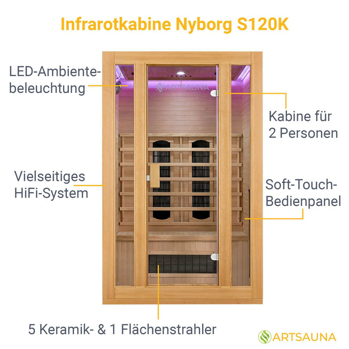 Infrarotkabine Nyborg S120K mit Keramik-, Flächenstrahler & Hemlockholz