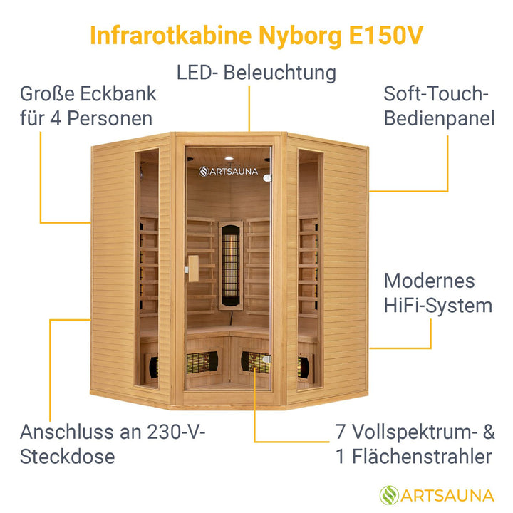 Infrarotkabine Nyborg E150V mit Vollspektrum-, Flächenstrahlern & Hemlockholz