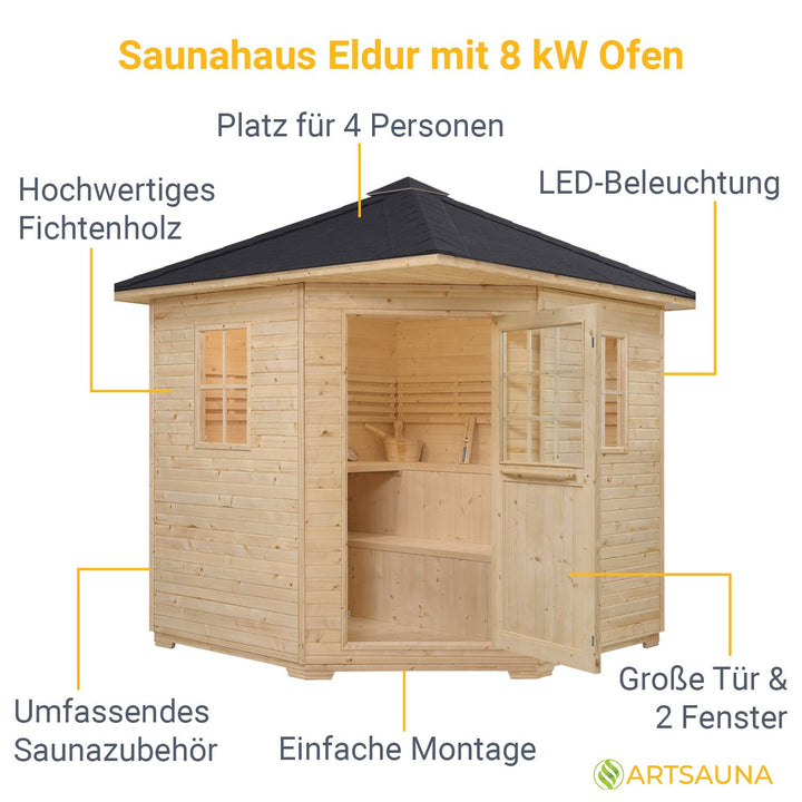 Saunahaus Eldur mit 8 kW Saunaofen & Zubehör