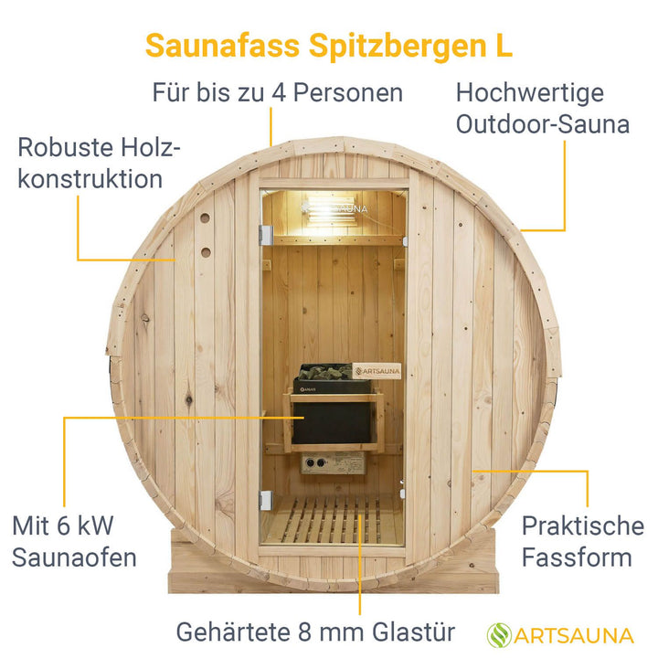Fasssauna Spitzbergen L 180x Ø180cm mit 6 kW Saunaofen