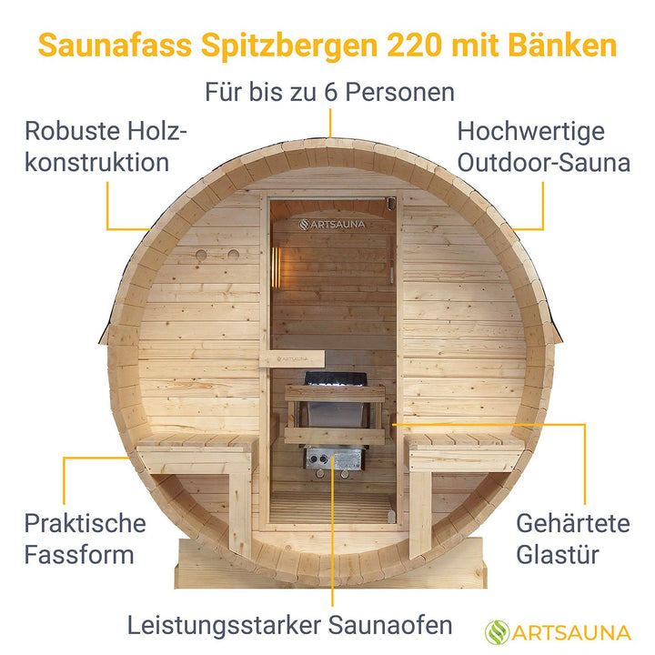 Outdoor Fasssauna Spitzbergen 220 mit zwei Bänken