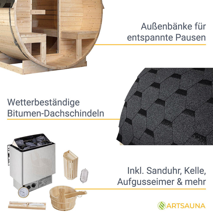 Outdoor Fasssauna Spitzbergen 220 mit zwei Bänken
