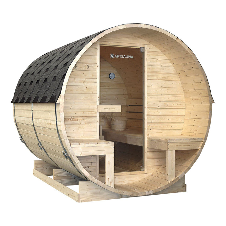 Outdoor Fasssauna Spitzbergen 220 mit zwei Bänken