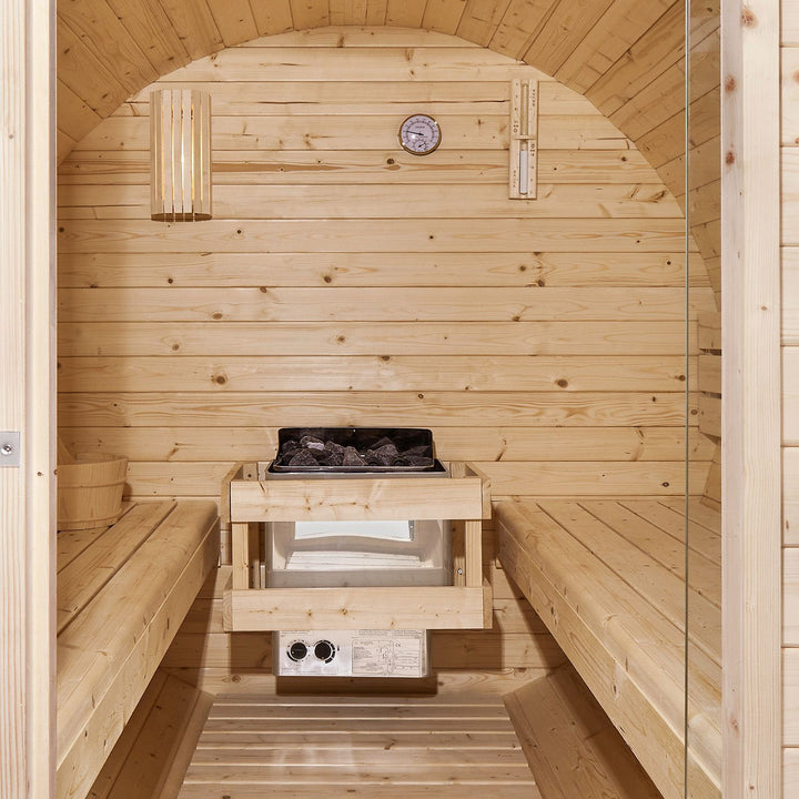 Outdoor Fasssauna Spitzbergen 220 mit zwei Bänken