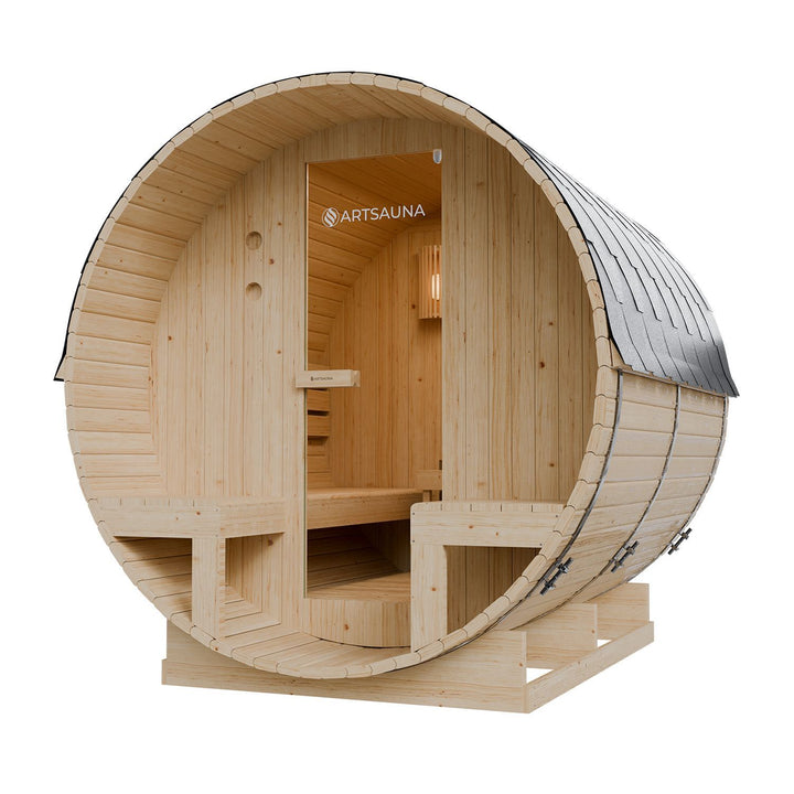 Outdoor Fasssauna Spitzbergen 220 mit zwei Bänken