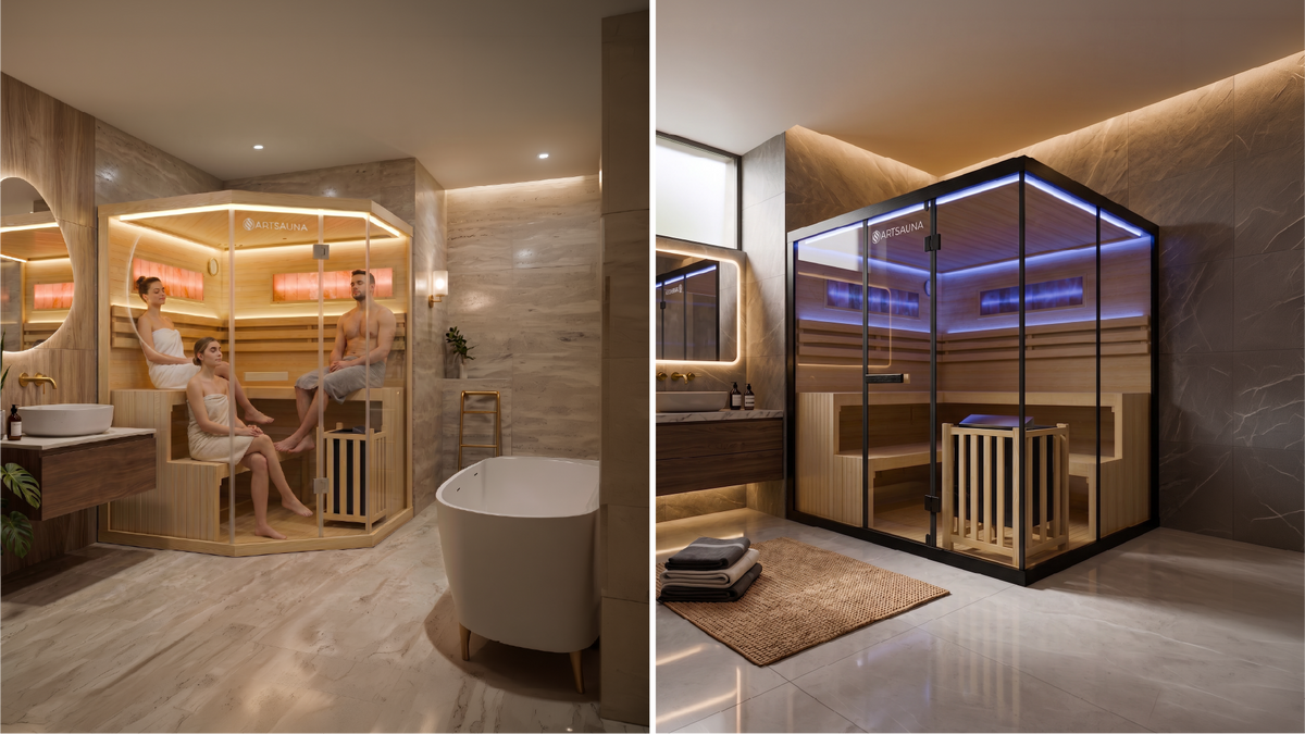Zwei Artsauna Kabinen in modernen Badezimmern: Ecksauna aus Hemlockholz und Infrarotkabine mit Glasfront